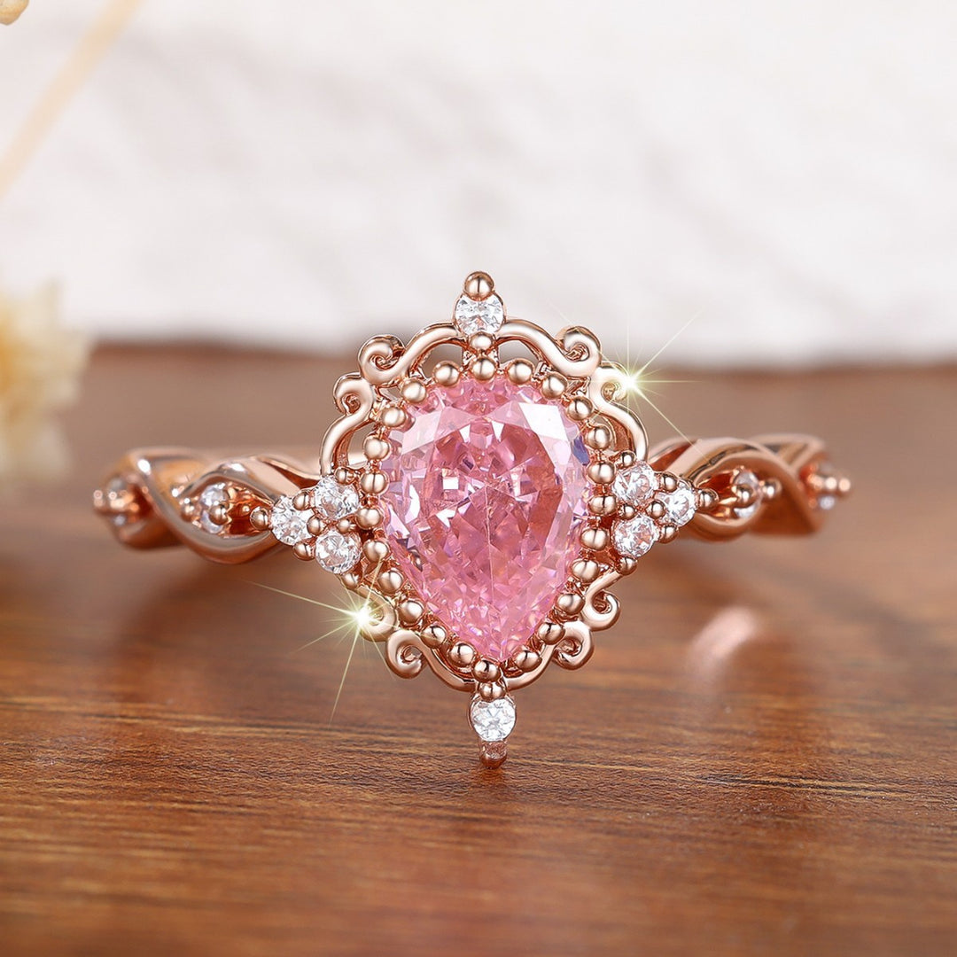 Pink Teardrop Zircon Rose Gold Twist Ring