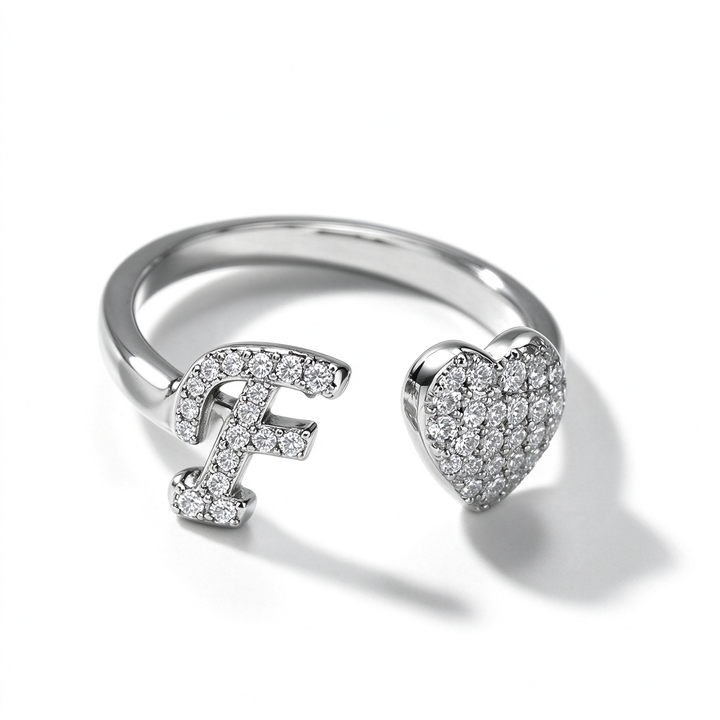 Initial Letter Heart Zircon Adjustable Open Ring