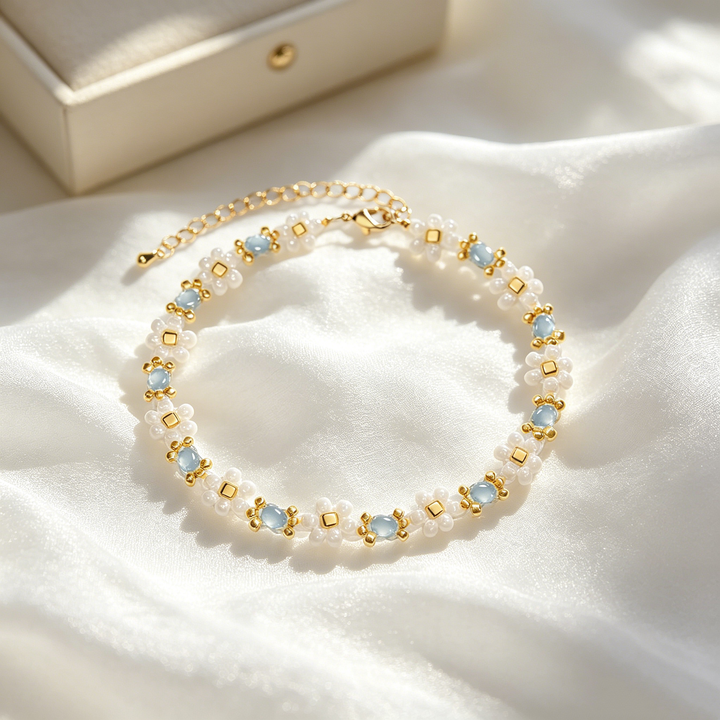 Handmade Blue Flower Beaded Bracelet for Women