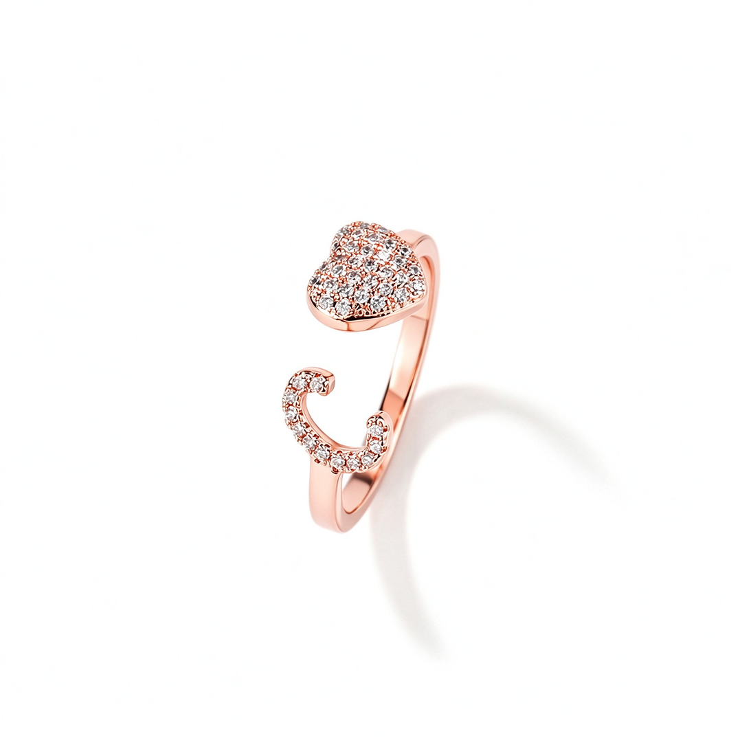 Initial Letter Heart Zircon Adjustable Open Ring