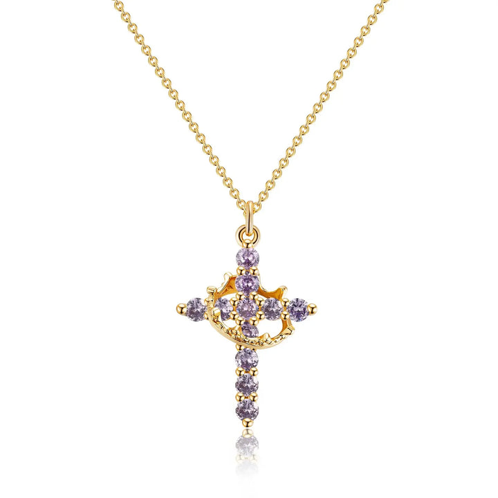 Birthstone Crown Cross Pendant Daily Necklace