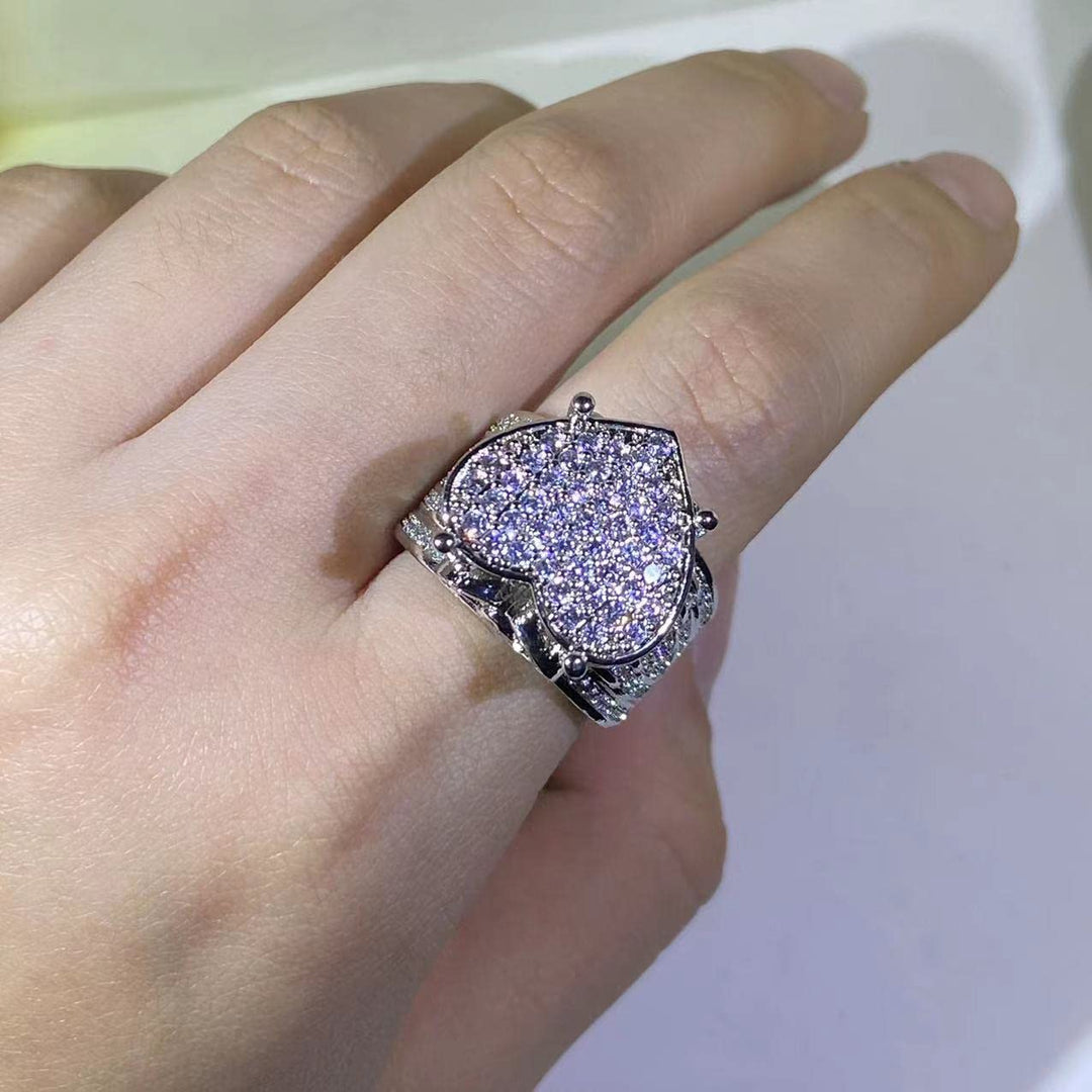 Micro Pave Zircon Heart Statement Wide Band Ring