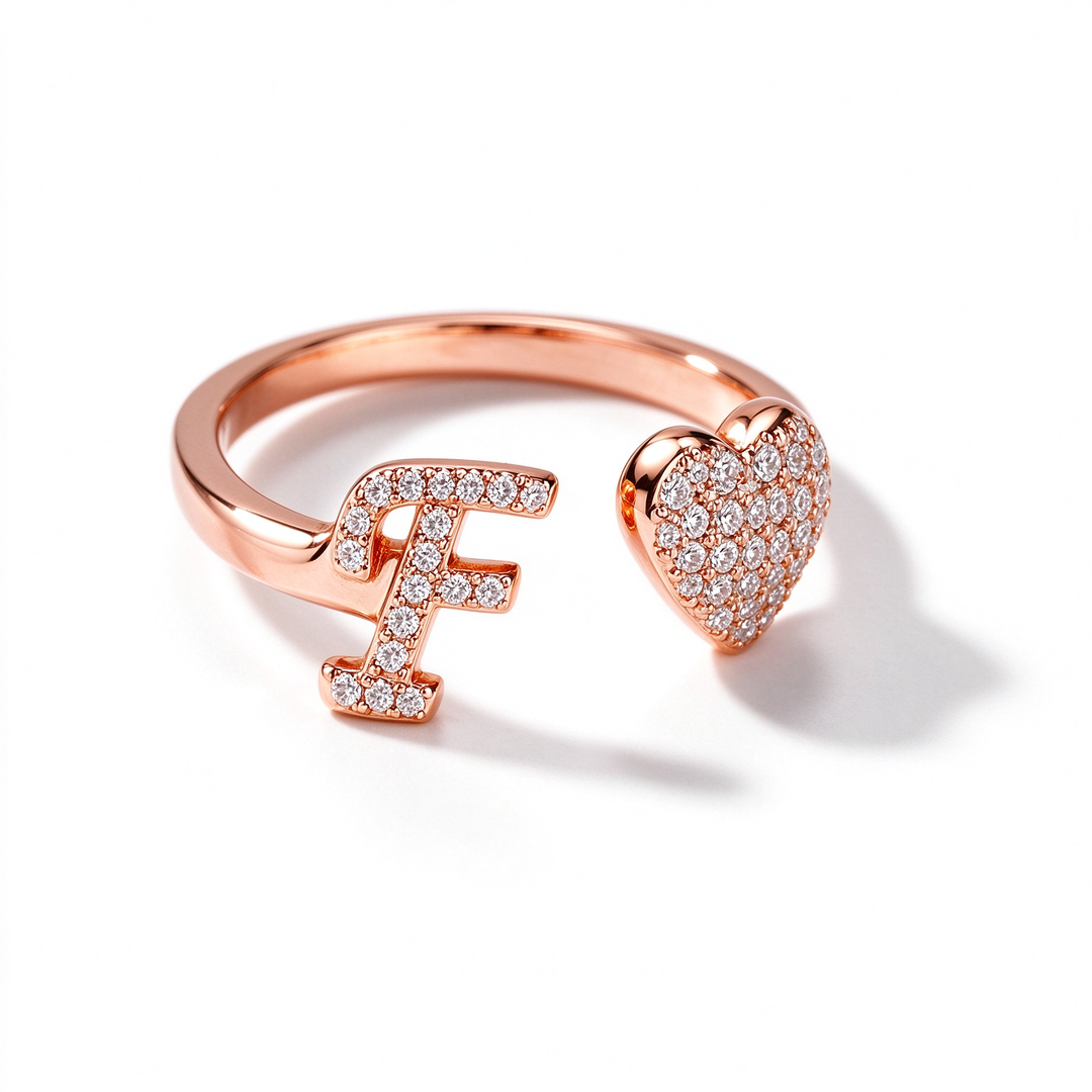Initial Letter Heart Zircon Adjustable Open Ring
