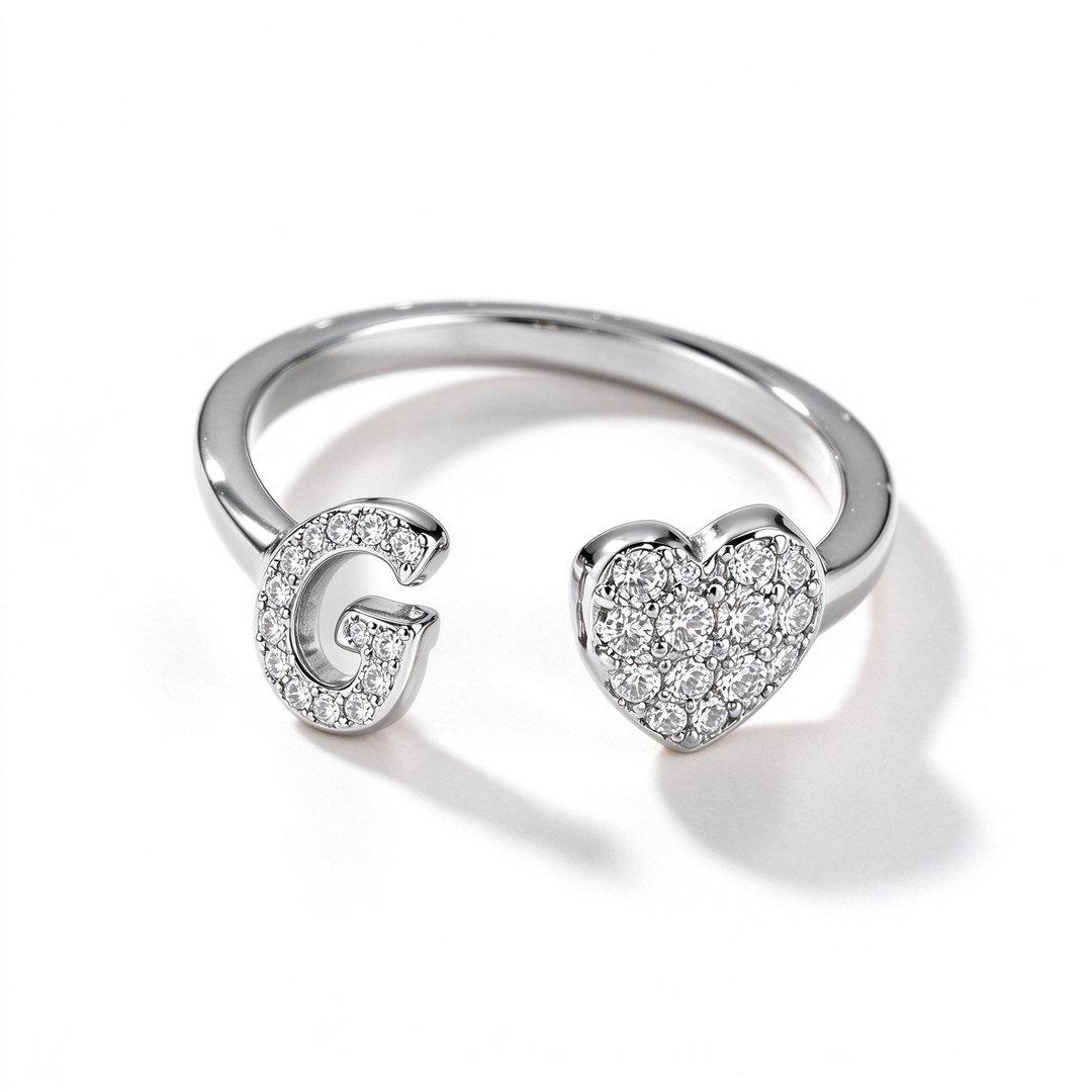 Initial Letter Heart Zircon Adjustable Open Ring