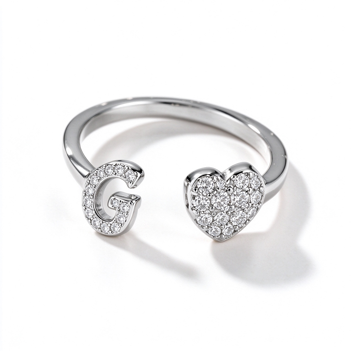 Initial Letter Heart Zircon Adjustable Open Ring