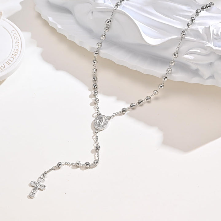Silver Virgin Mary Rosary Cross Necklace