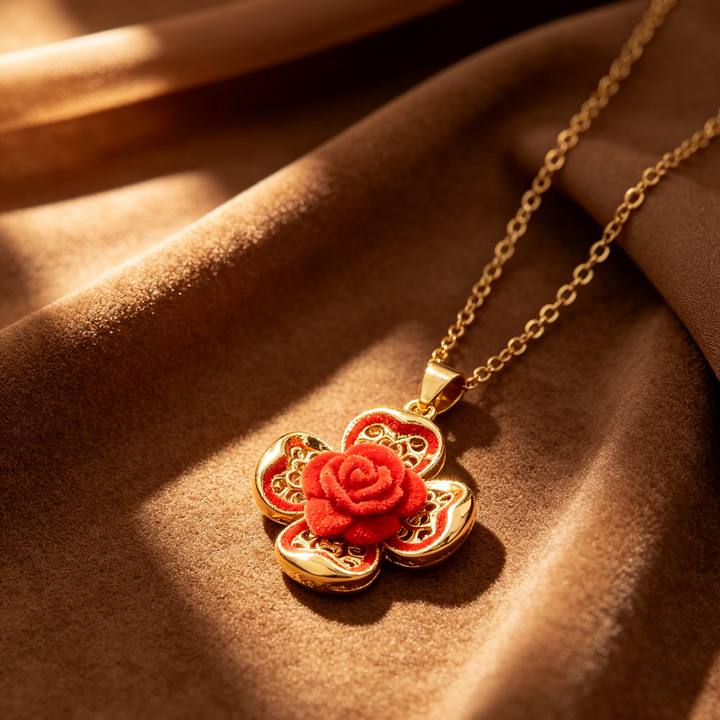 Gold Plated Velvet Red Rose Clover Necklace