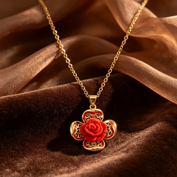 Gold Plated Velvet Red Rose Clover Necklace