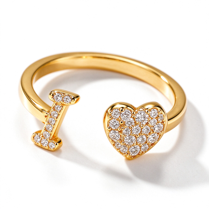Initial Letter Heart Zircon Adjustable Open Ring