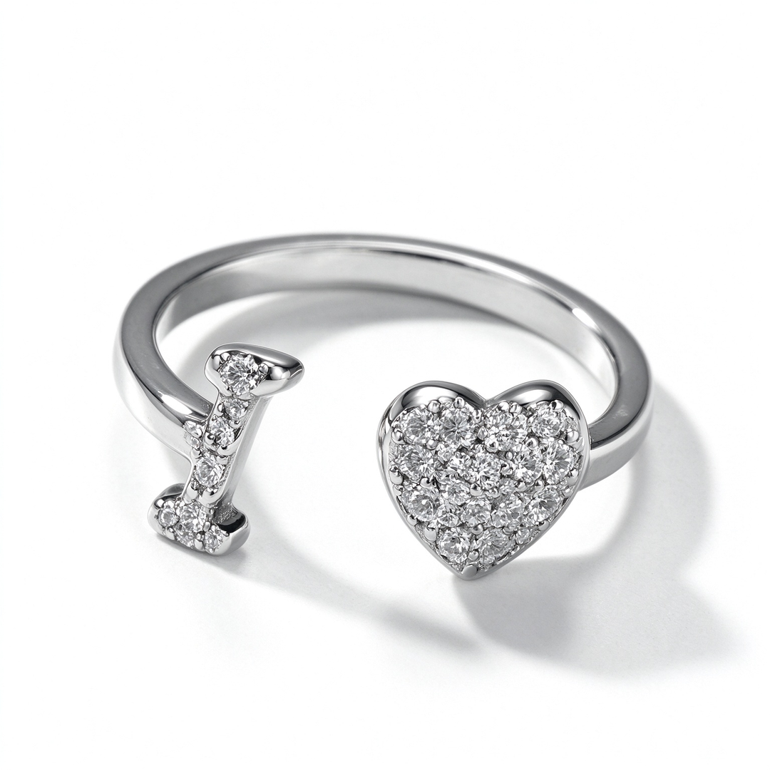Initial Letter Heart Zircon Adjustable Open Ring