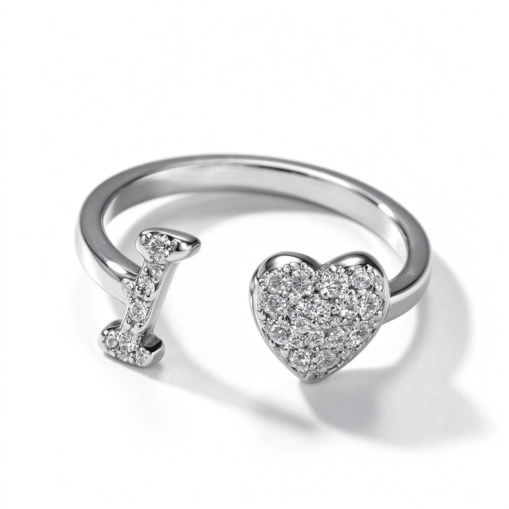 Initial Letter Heart Zircon Adjustable Open Ring