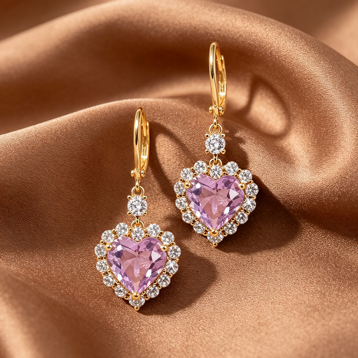 Glam Pink Heart Zircon Dangle Ear Jewelry