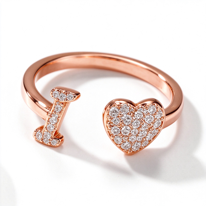 Initial Letter Heart Zircon Adjustable Open Ring