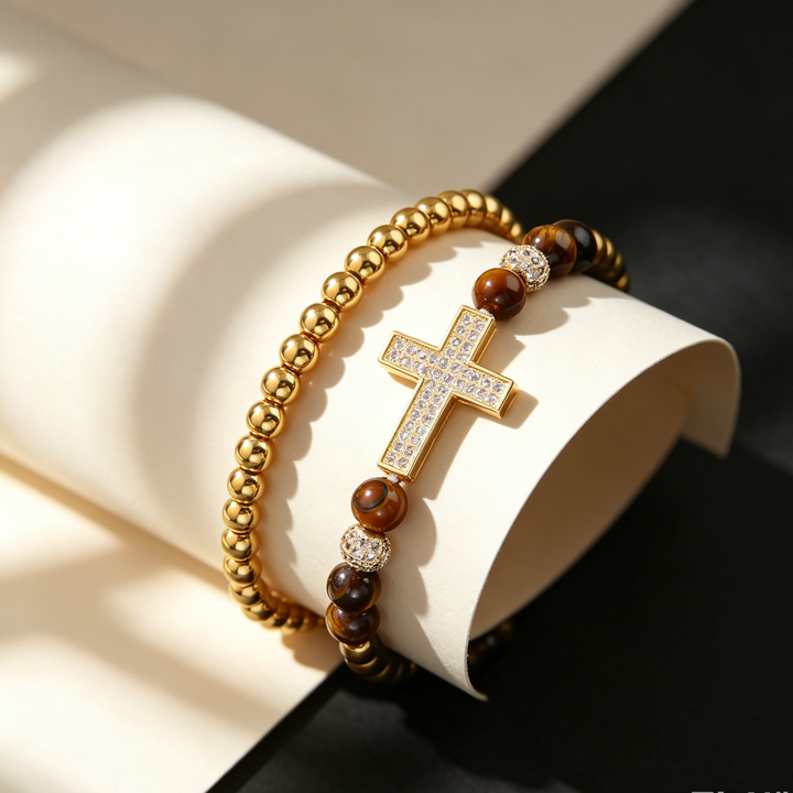 Cross Zircon Beaded Stretch Bracelet Set for Men