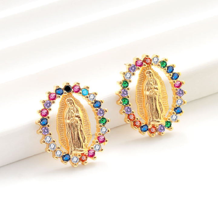 Virgin Mary Rainbow Crystal Stud Earrings