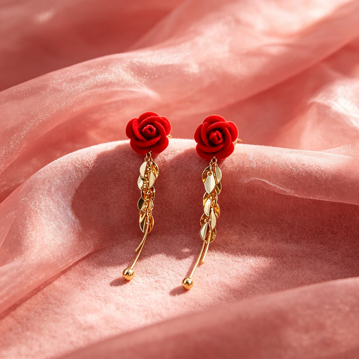 Red Rose Wheat Tassel Earrings