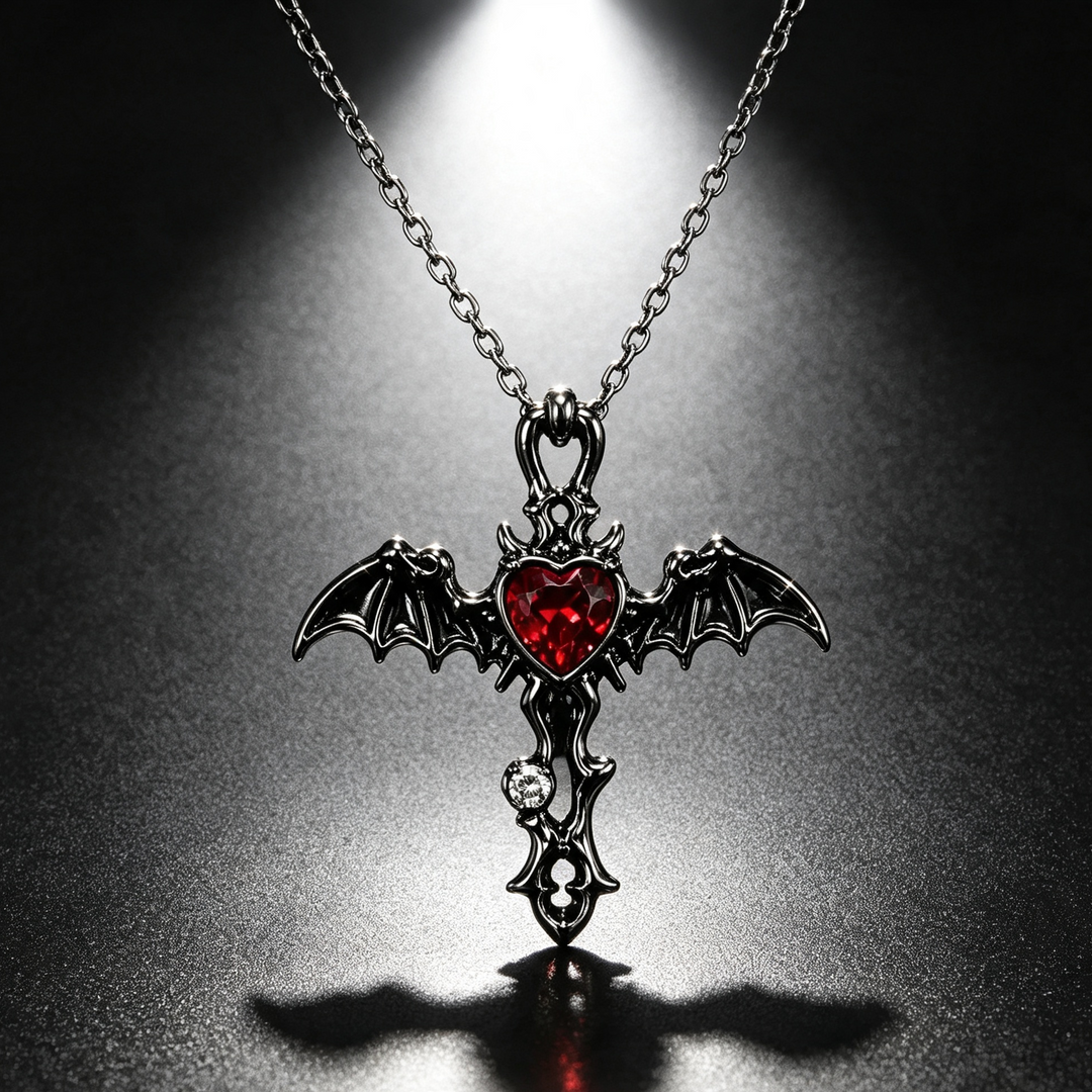 Dark Style Bat Wing Cross Heart Necklace