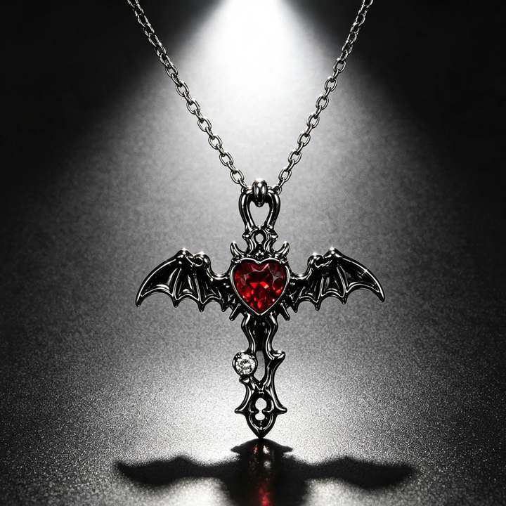Dark Style Bat Wing Cross Heart Necklace