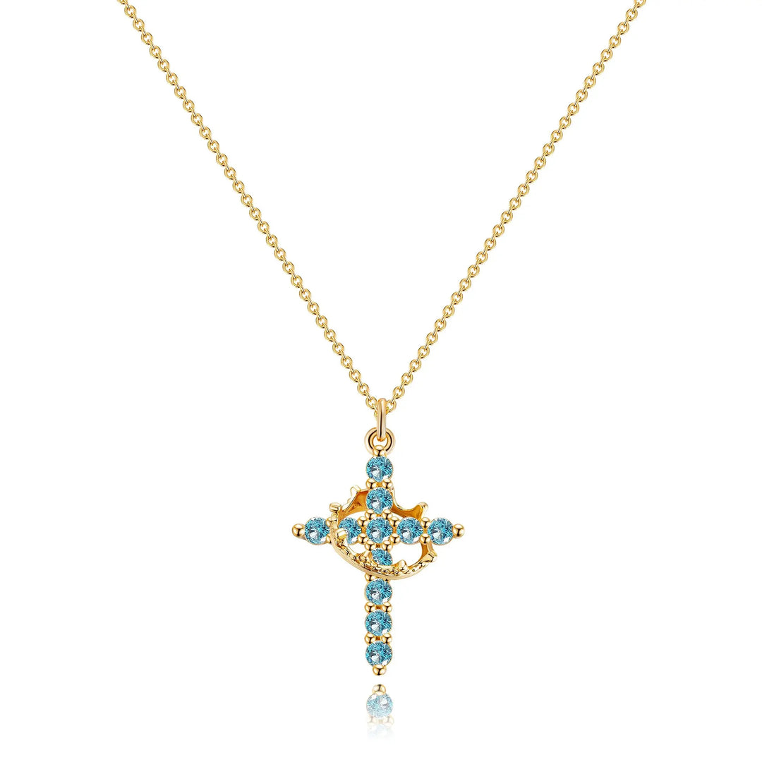 Birthstone Crown Cross Pendant Daily Necklace