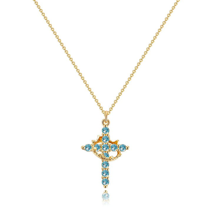 Birthstone Crown Cross Pendant Daily Necklace