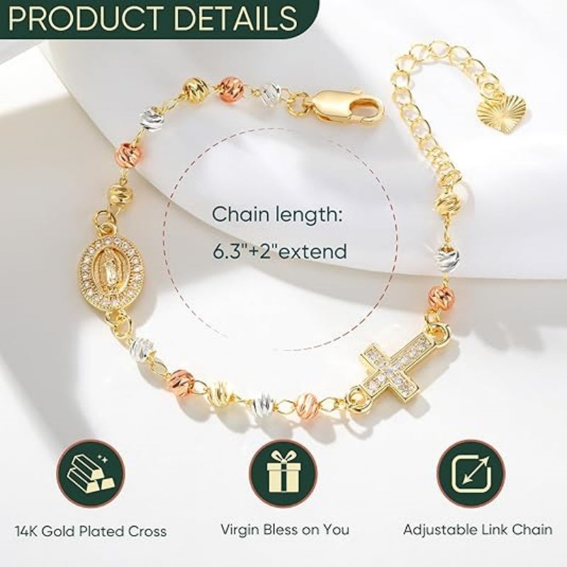 Gold Rosary Bead Cross Bracelet Women