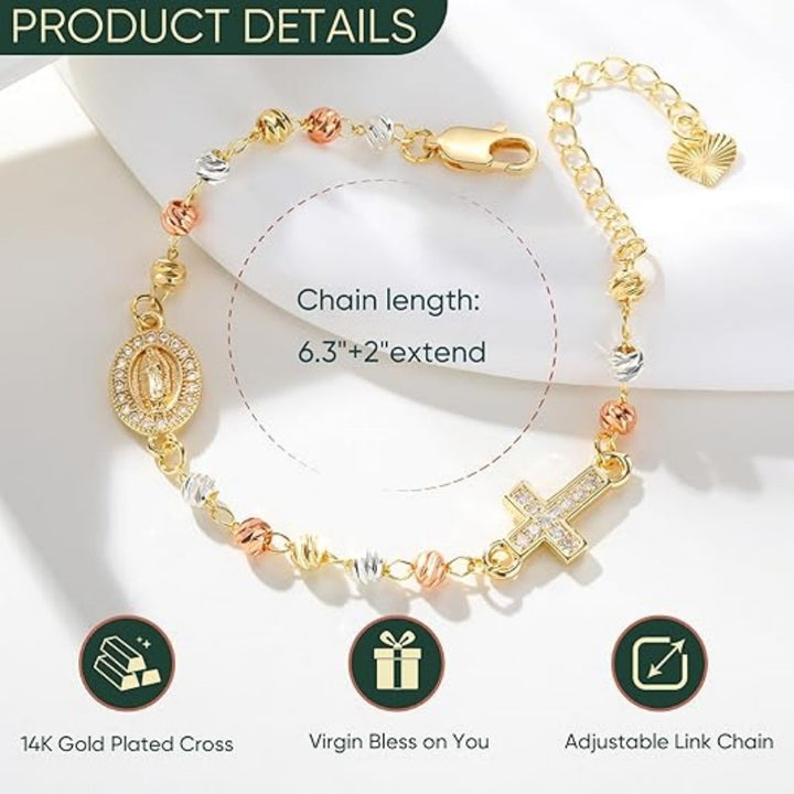 Gold Rosary Bead Cross Bracelet Women