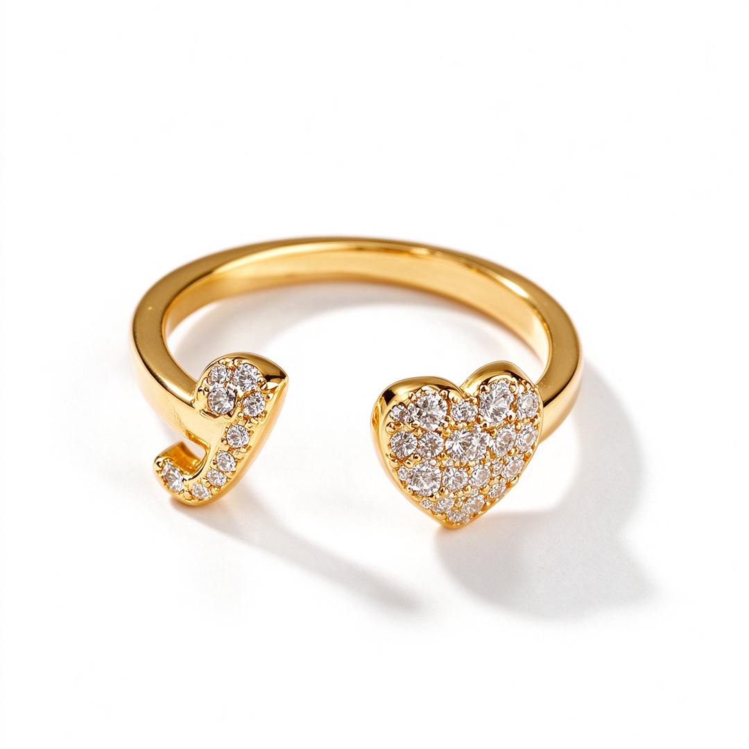 Initial Letter Heart Zircon Adjustable Open Ring