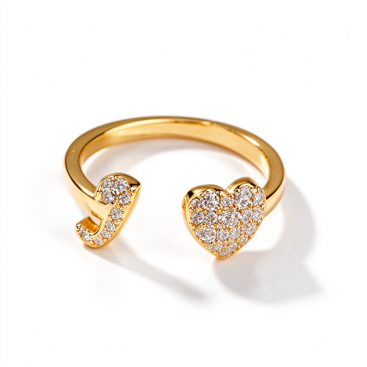 Initial Letter Heart Zircon Adjustable Open Ring