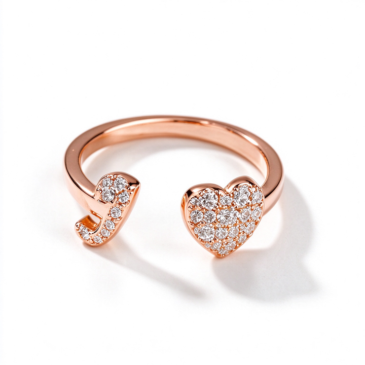 Initial Letter Heart Zircon Adjustable Open Ring