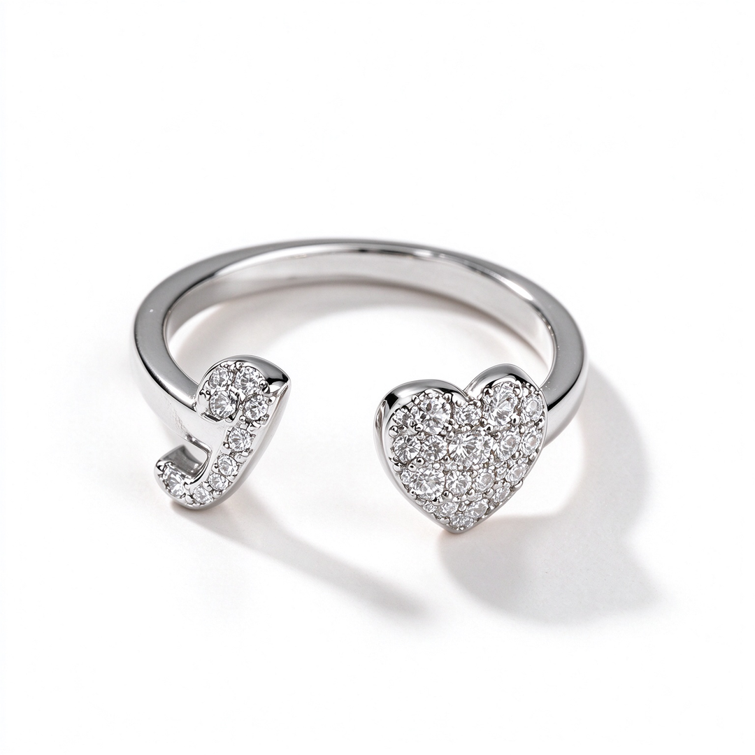 Initial Letter Heart Zircon Adjustable Open Ring