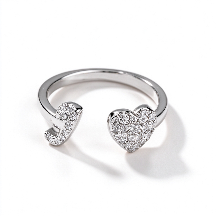 Initial Letter Heart Zircon Adjustable Open Ring