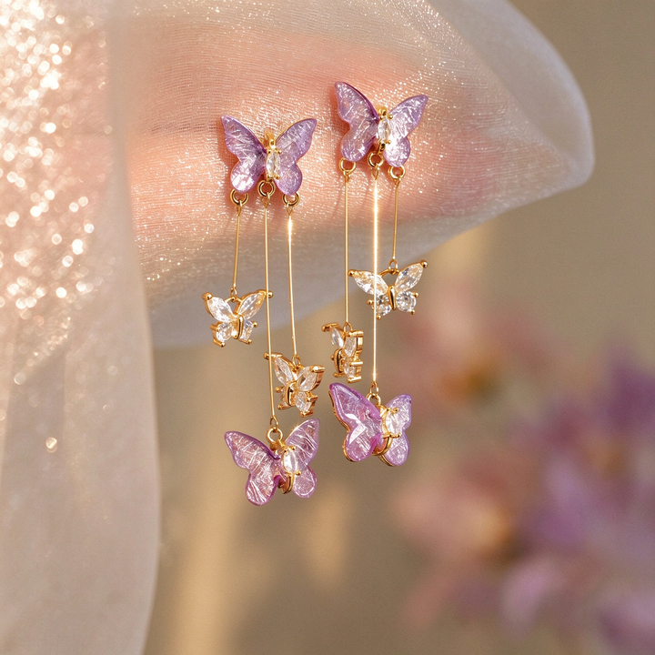 Forest Style Purple Butterfly Dangle Earrings