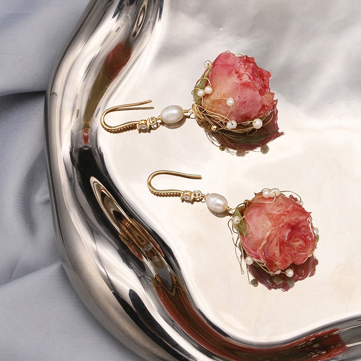 Preserved Rose Flower Drop Earrings