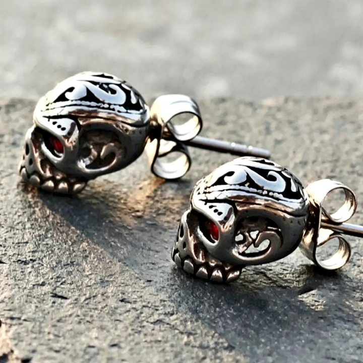 Rock Style Skull Red Zircon Stud Earrings