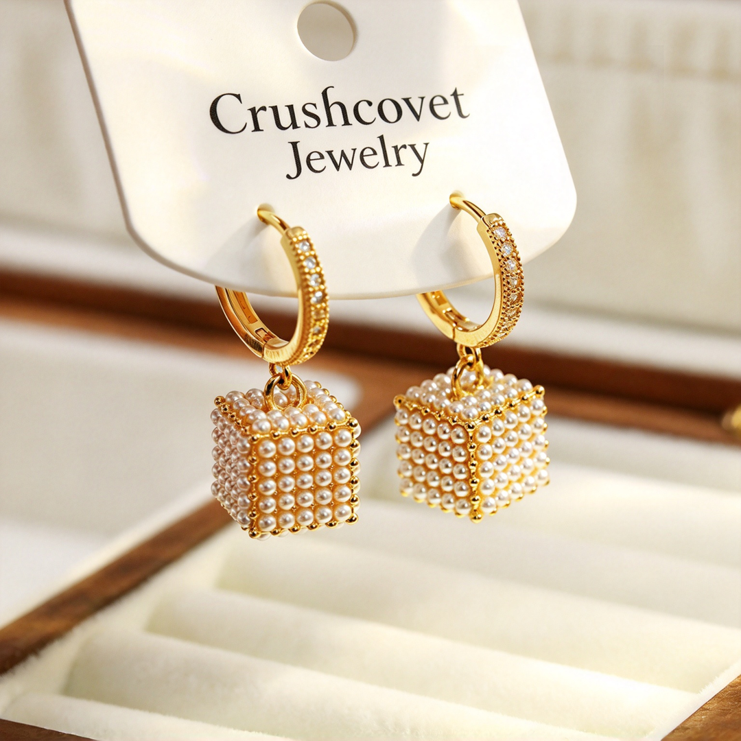 Pearl Cube Huggie Drop Earrings
