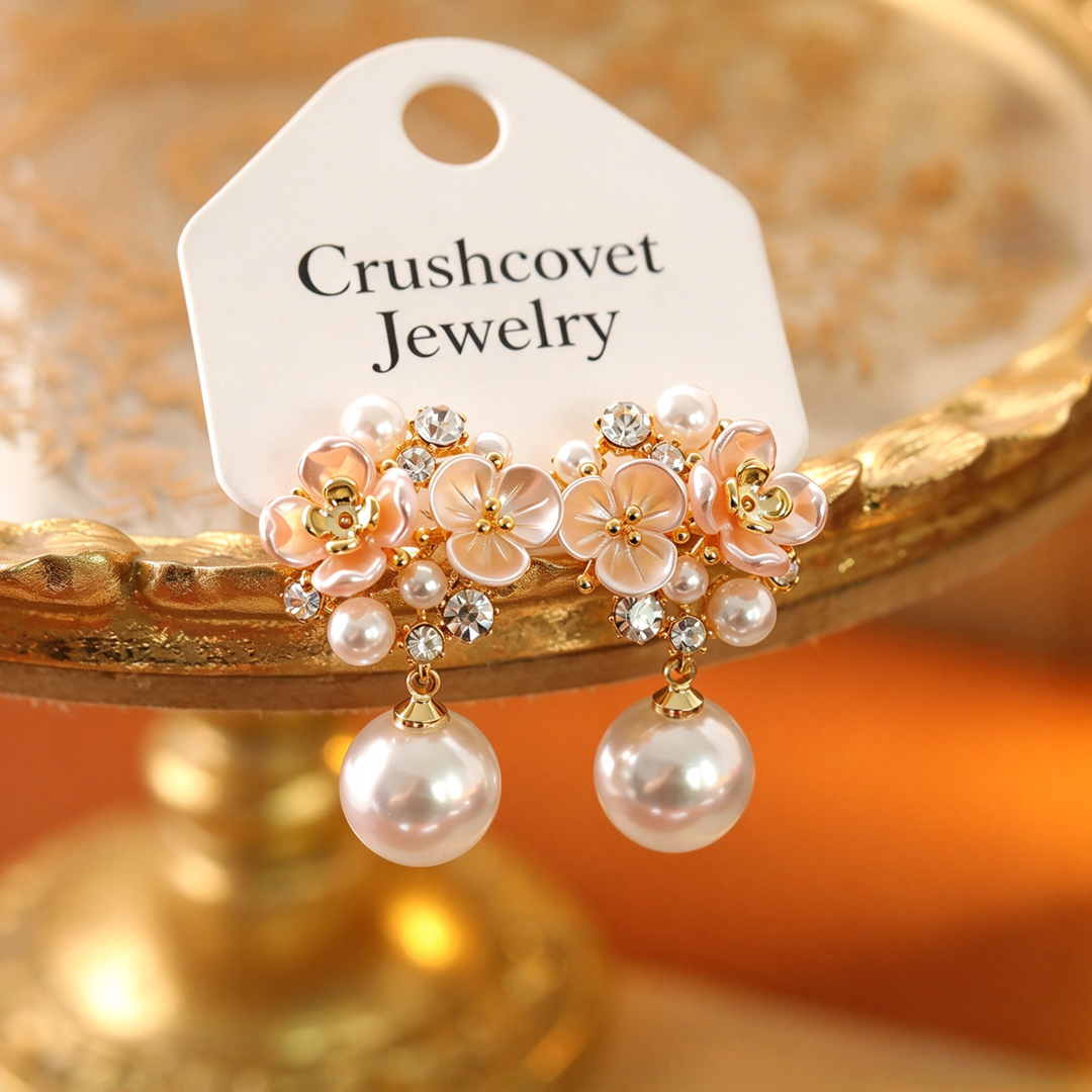 Cluster Flower Pearl Dangle Drop Earrings