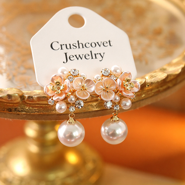 Cluster Flower Pearl Dangle Drop Earrings