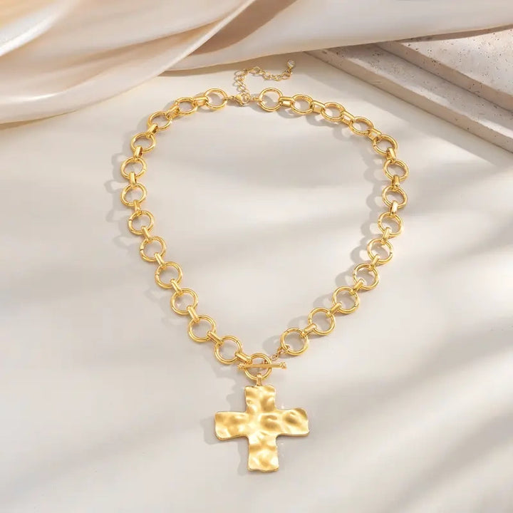 Chunky Hammered  Cross Necklace