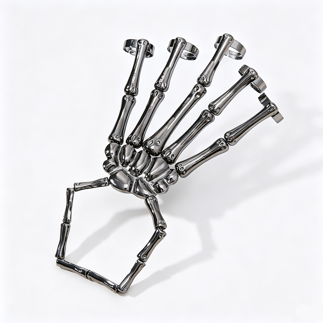 Unisex Skeleton Hand Chain Rings Set