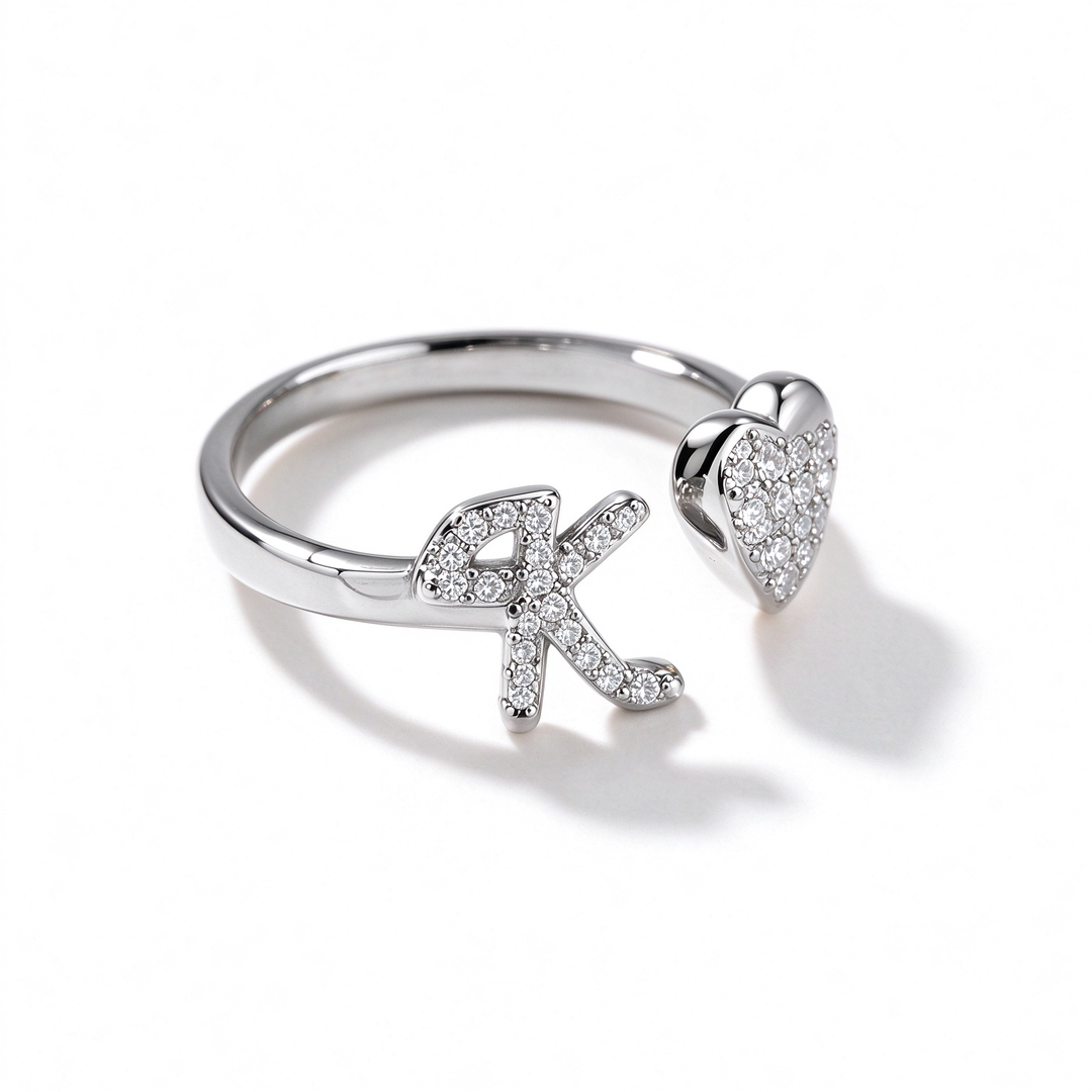 Initial Letter Heart Zircon Adjustable Open Ring