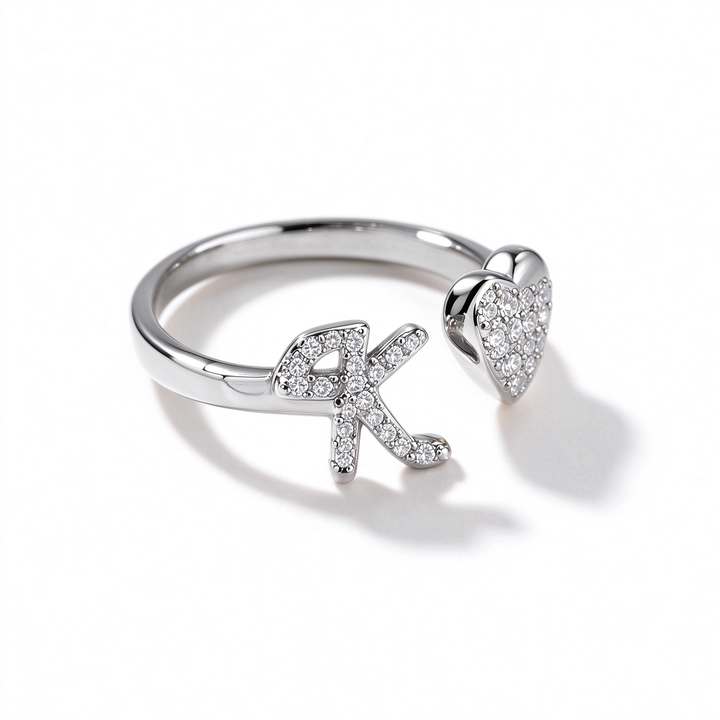 Initial Letter Heart Zircon Adjustable Open Ring