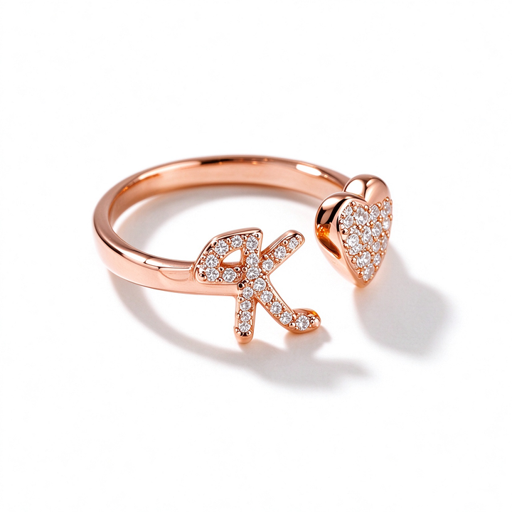 Initial Letter Heart Zircon Adjustable Open Ring