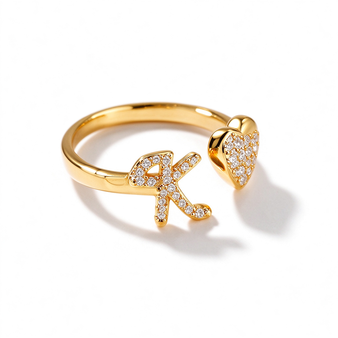 Initial Letter Heart Zircon Adjustable Open Ring