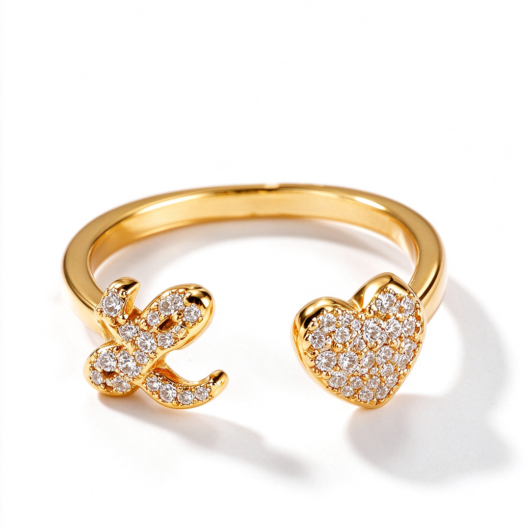 Initial Letter Heart Zircon Adjustable Open Ring