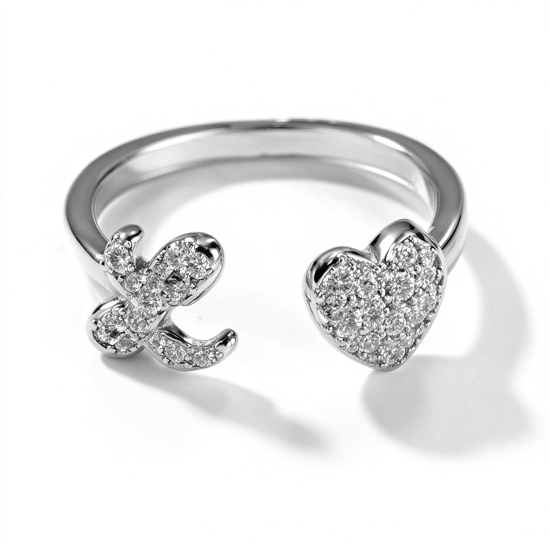 Initial Letter Heart Zircon Adjustable Open Ring