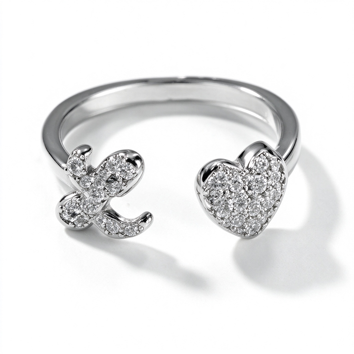 Initial Letter Heart Zircon Adjustable Open Ring