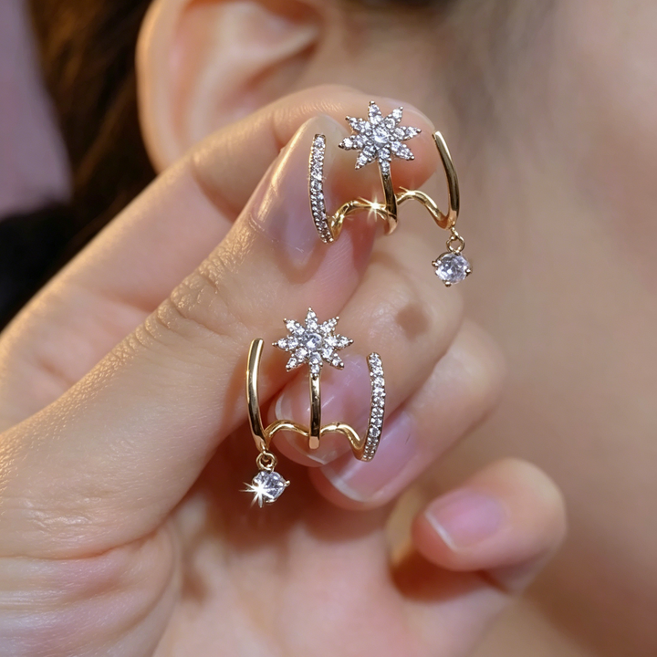 Eight Pointed Star Zircon Layer Hoop Women Earrings