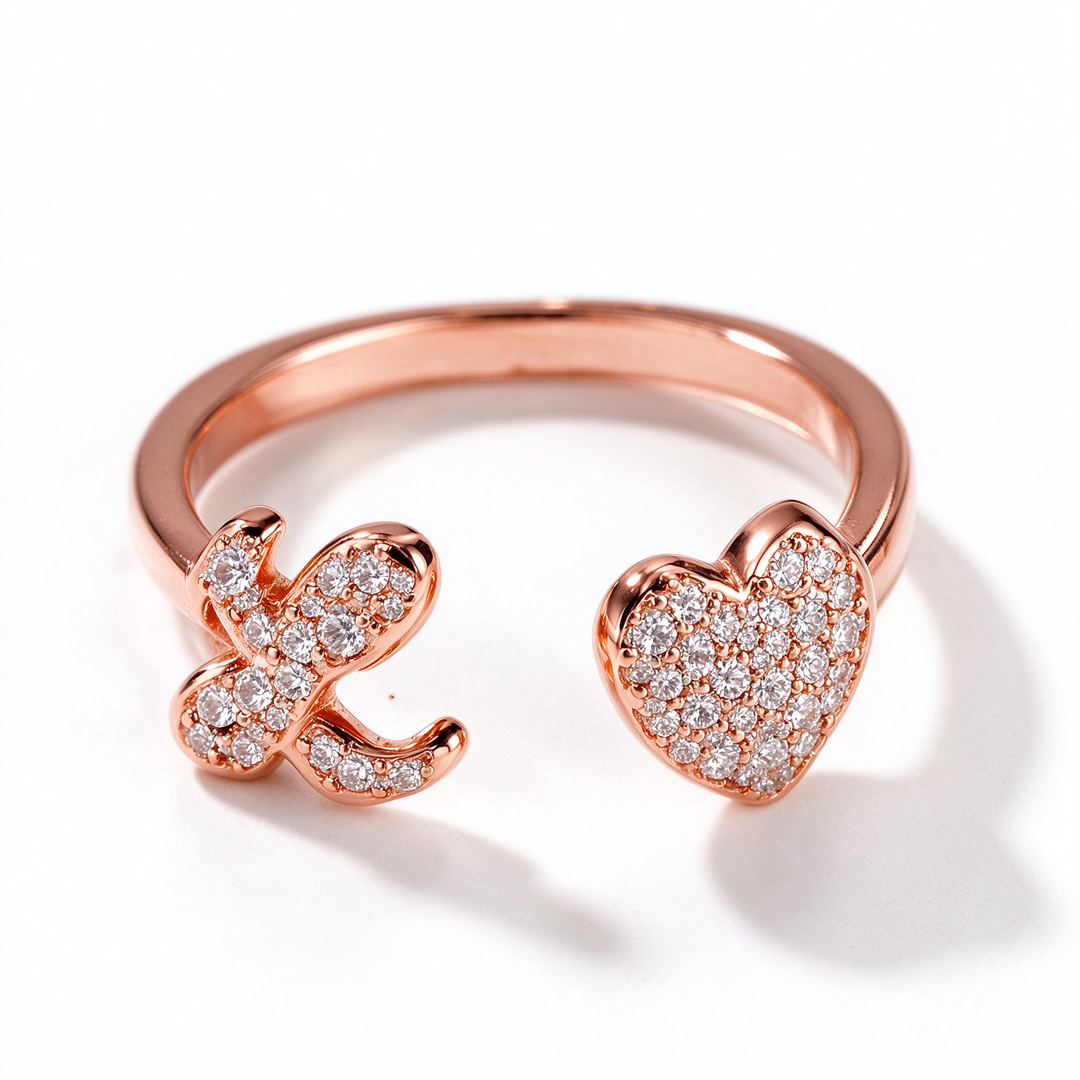 Initial Letter Heart Zircon Adjustable Open Ring