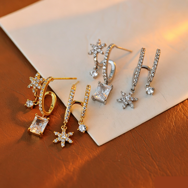 Star Zircon Double Hoop Drop Earrings