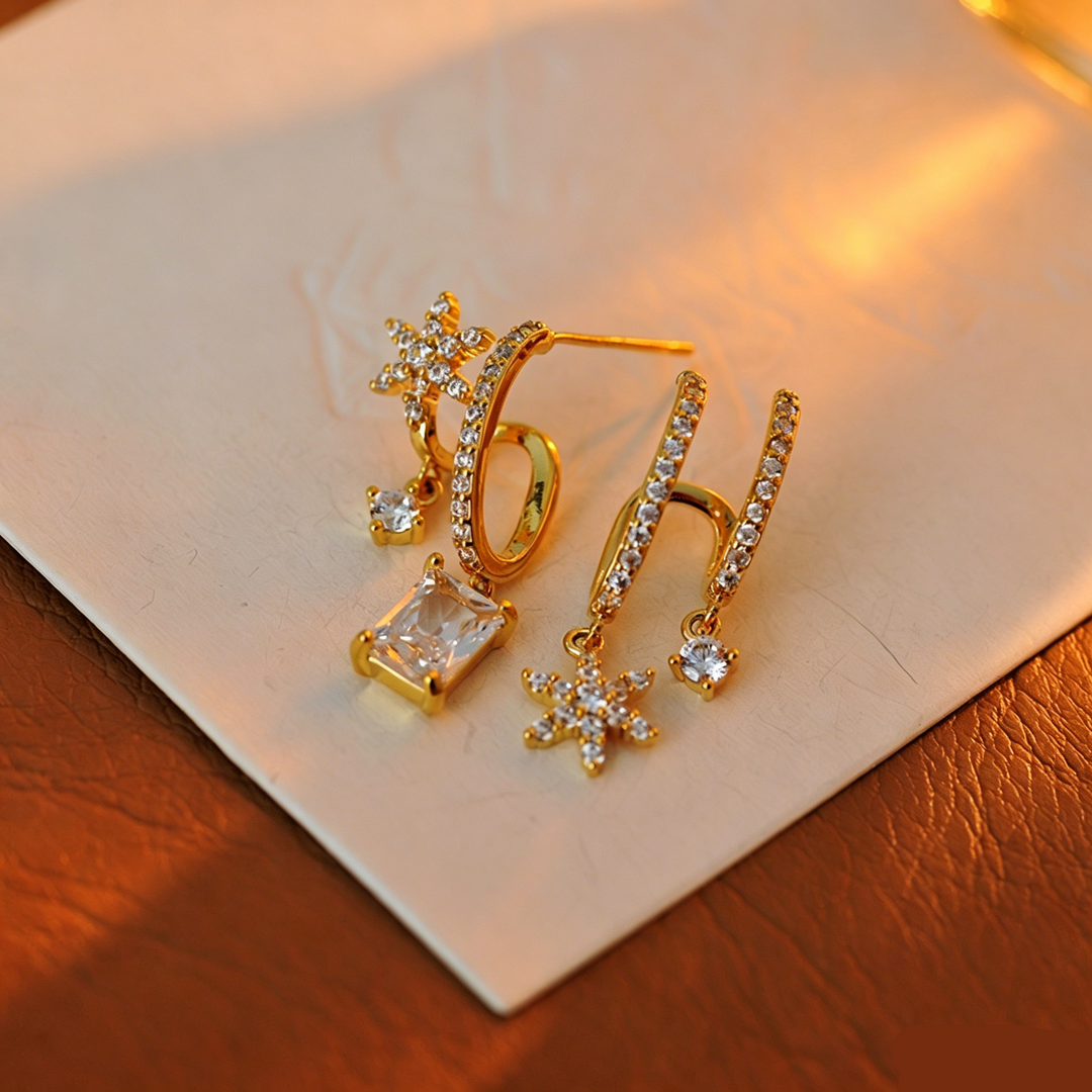 Star Zircon Double Hoop Drop Earrings